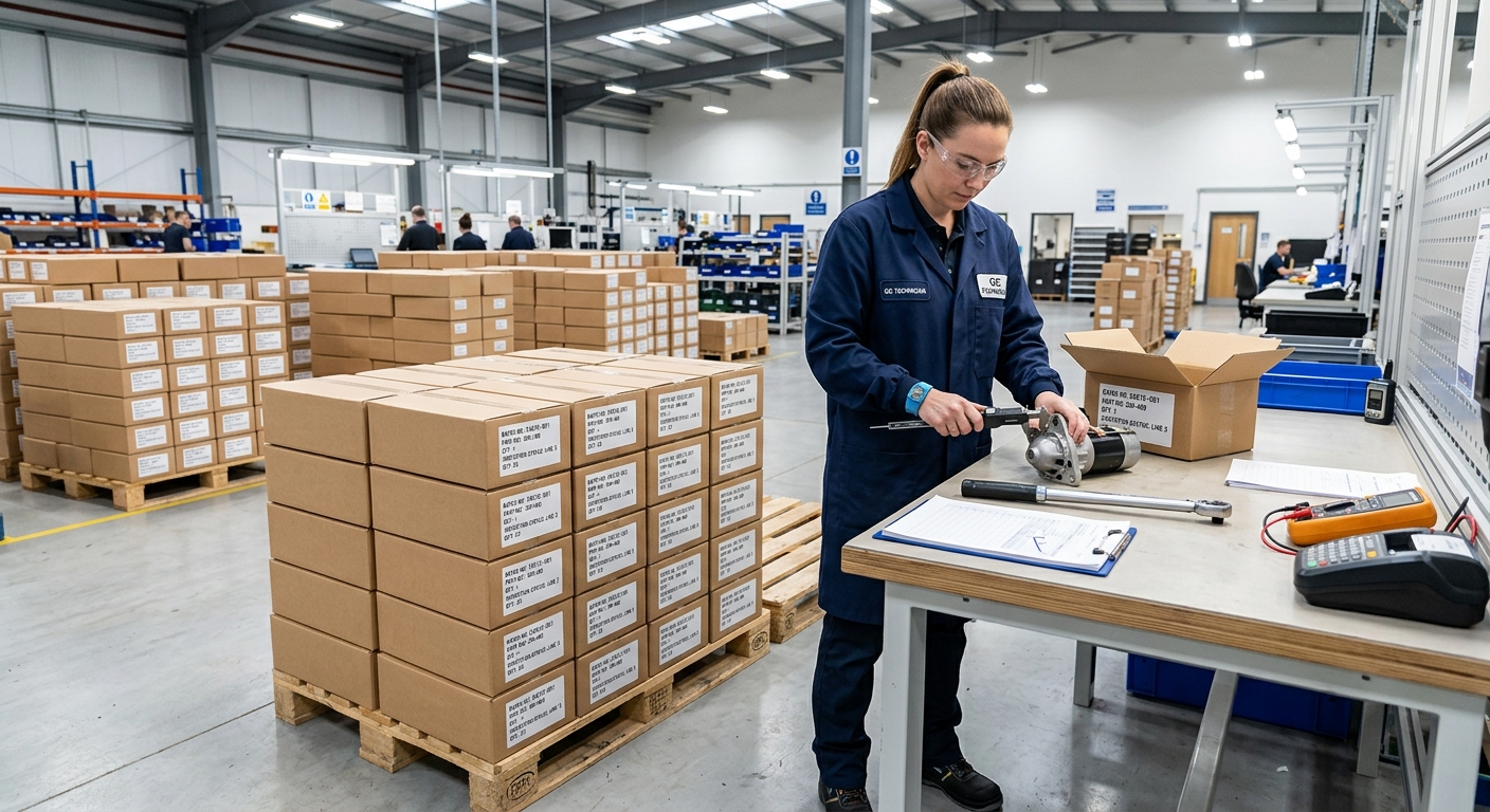 Quality inspector checking batch-labeled starter motor cartons
