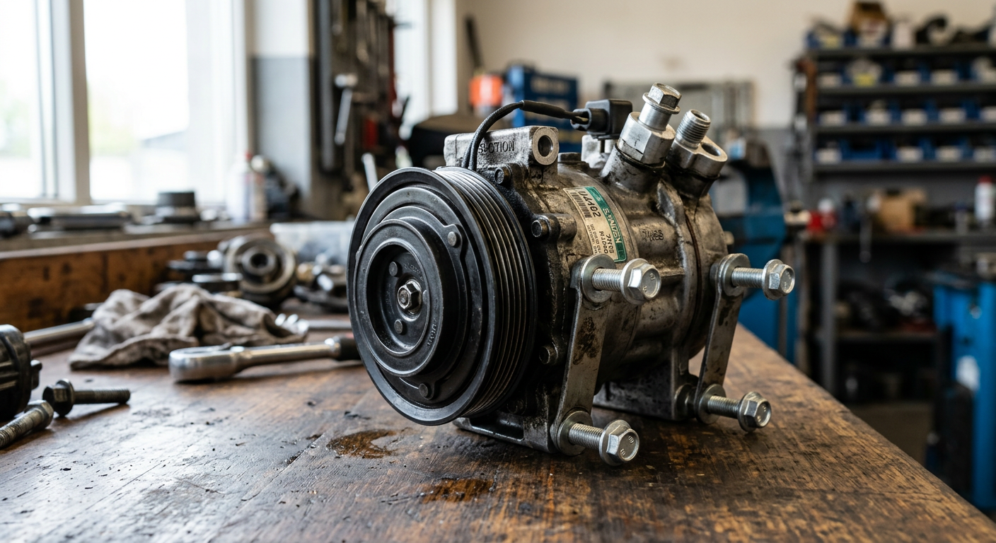 Close-up of AC compressor mounting bolts and pulley for fitment verification