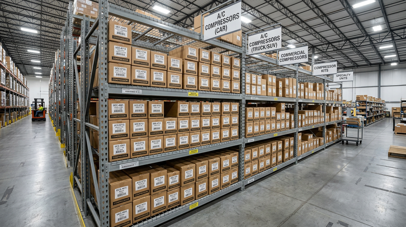 Warehouse shelving with organized automotive compressor stock by vehicle brand