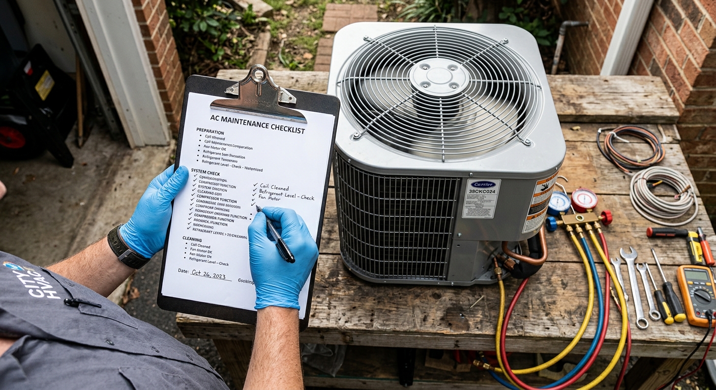 Checklist clipboard beside an AC compressor unit during wholesale quality review