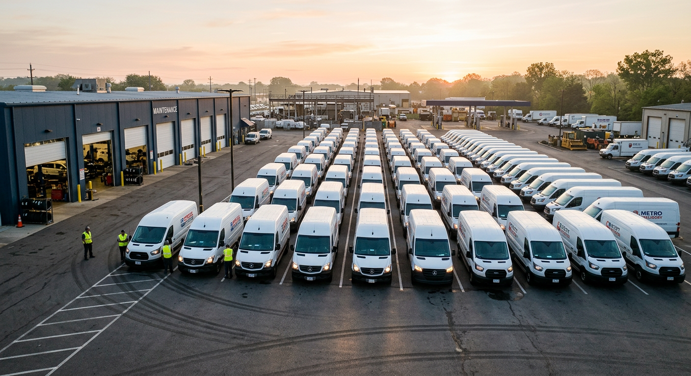 Commercial delivery vans parked in a fleet maintenance yard at dawn