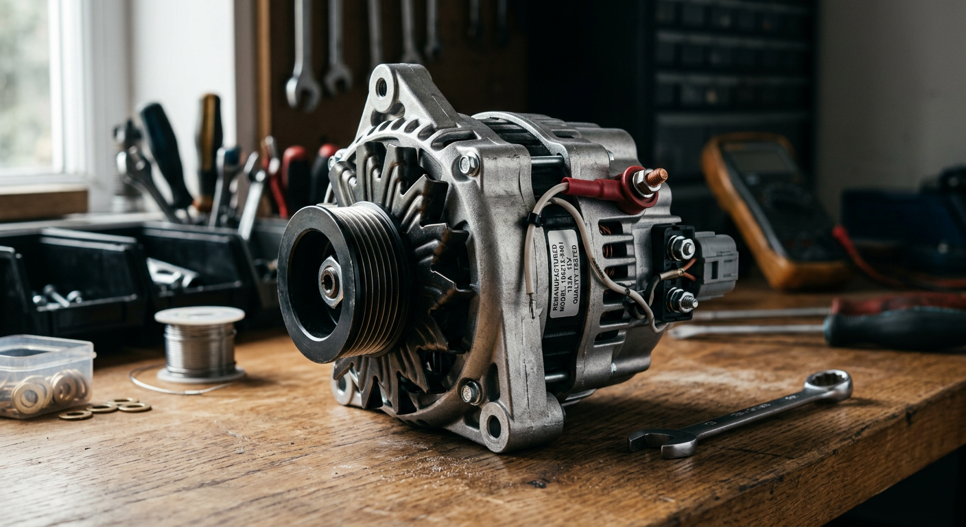 Close-up of a quality rebuilt alternator on a workbench
