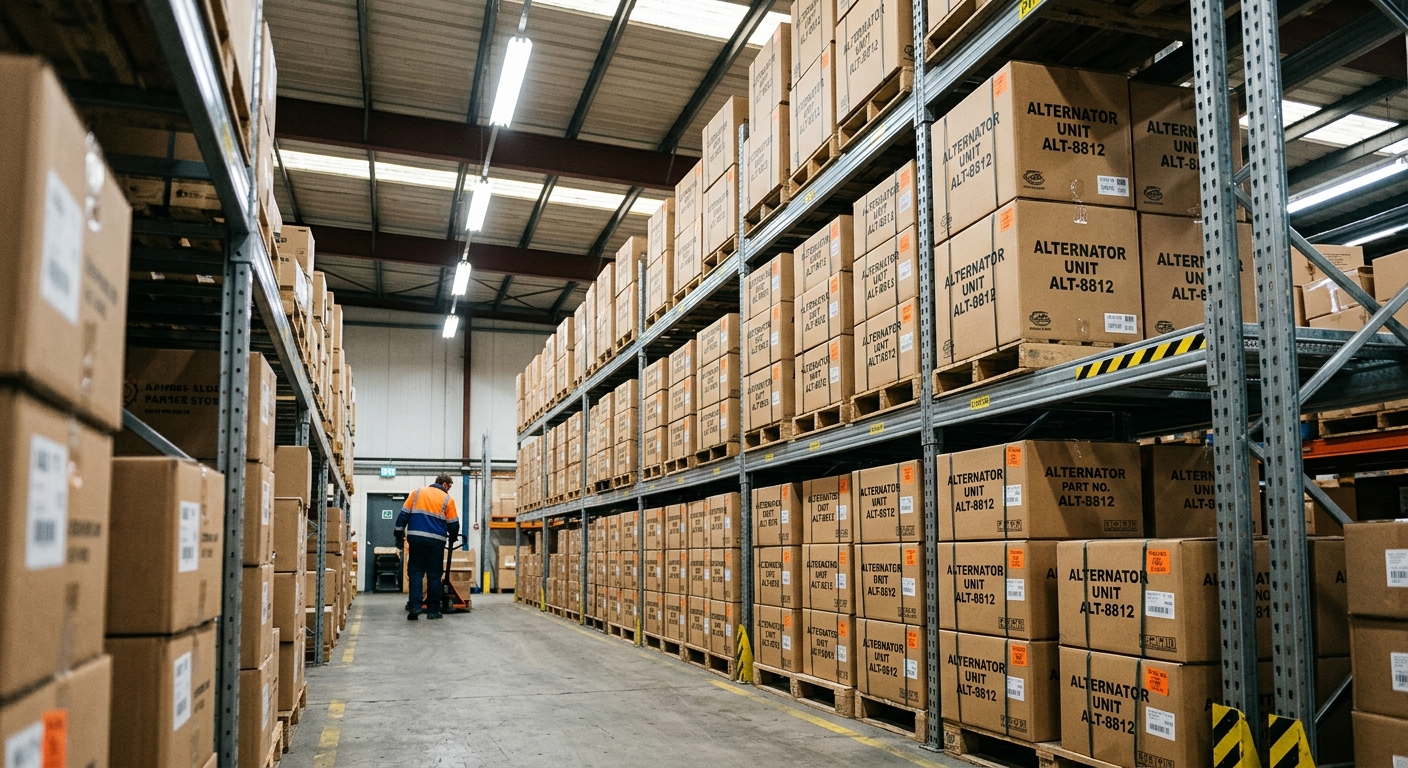Warehouse shelving stocked with boxed rebuilt alternator units for fleet buffer stock