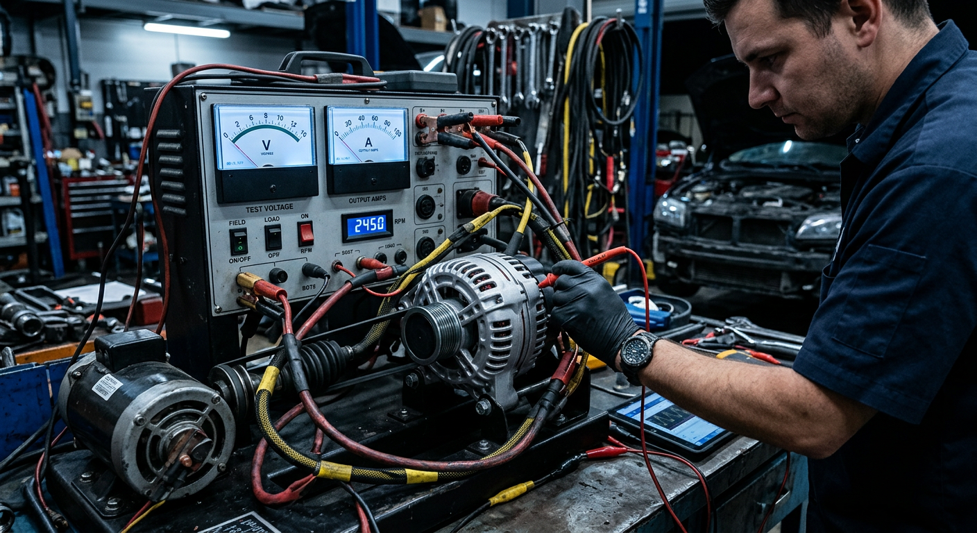 Technician bench-testing a rebuilt alternator under load