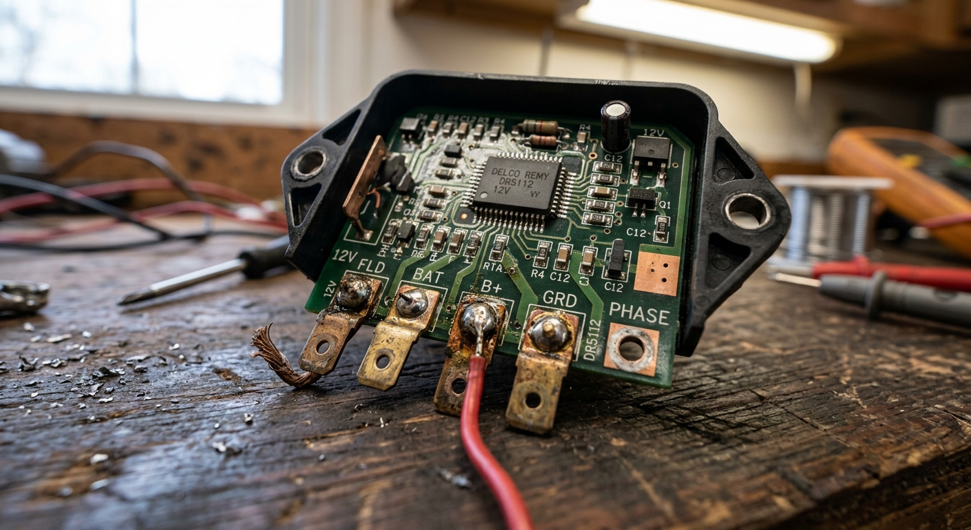 Macro view of alternator voltage regulator module contacts