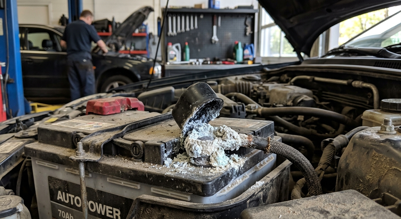 Corroded car battery terminal showing signs of overcharging damage