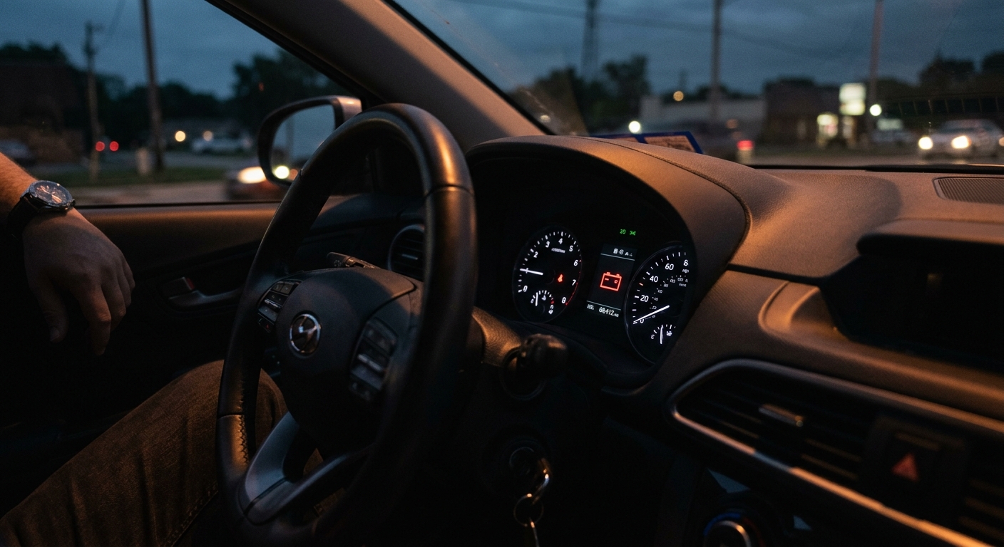 Car dashboard battery warning light illuminated indicating charging issue