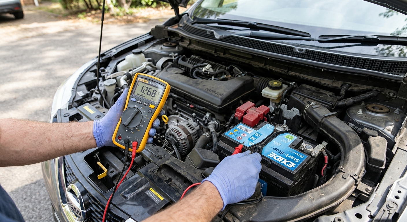 Multimeter testing car battery voltage under the hood for regulator diagnosis