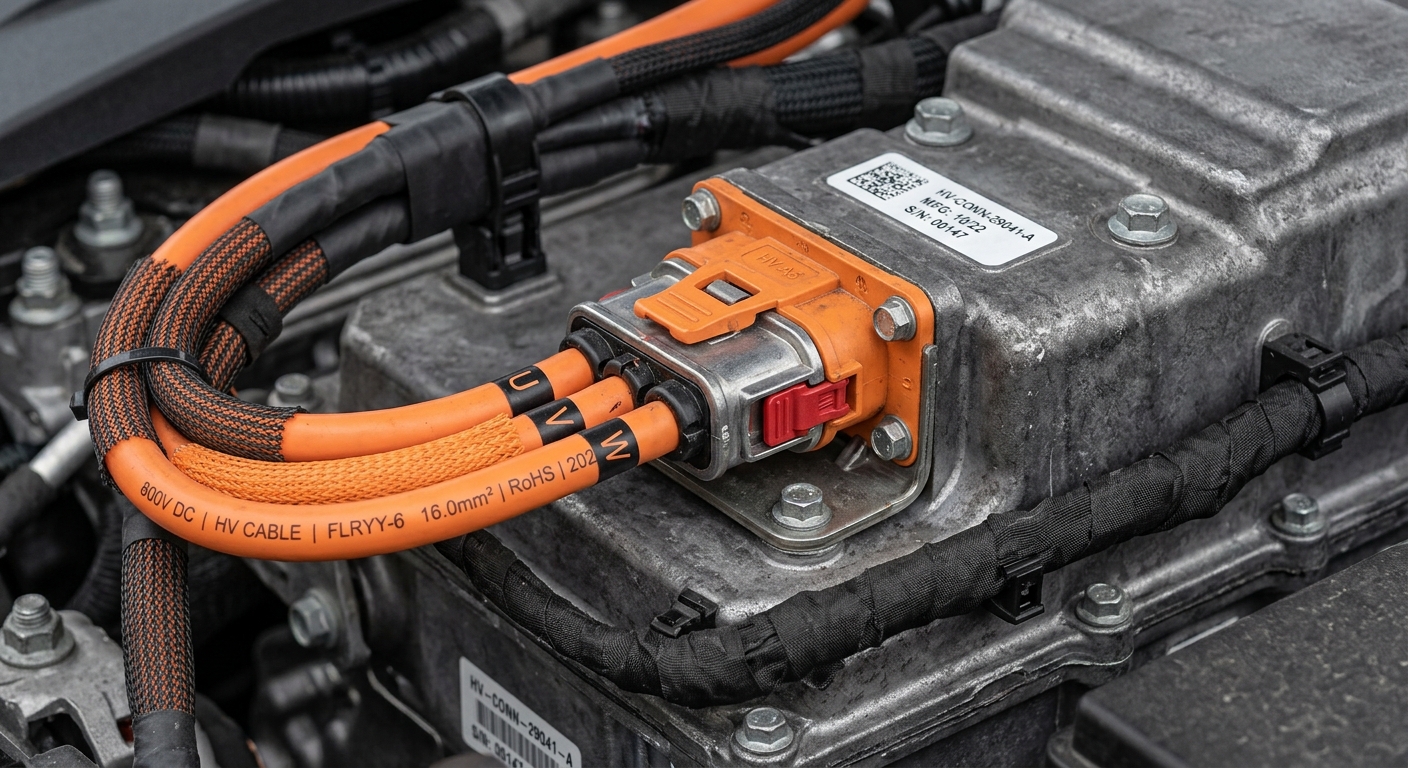 High-voltage connector and cable bundle on automotive electrical part