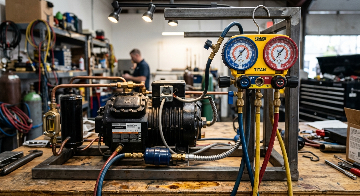 Refrigerant service gauges connected to an AC compressor test setup