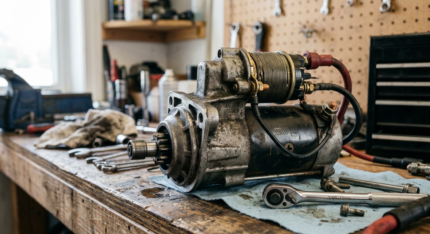 Starter motor and solenoid components displayed together on a workbench