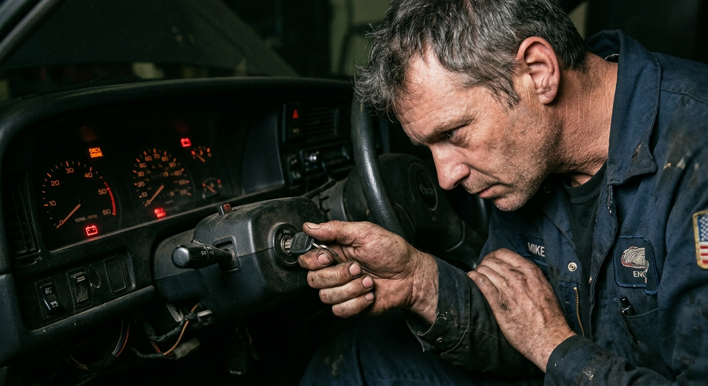 Hand turning a car ignition key to test starter sound symptoms