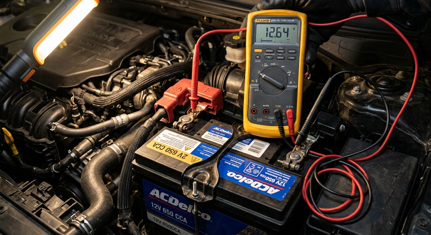 Multimeter testing voltage drop on a car battery during starter diagnosis