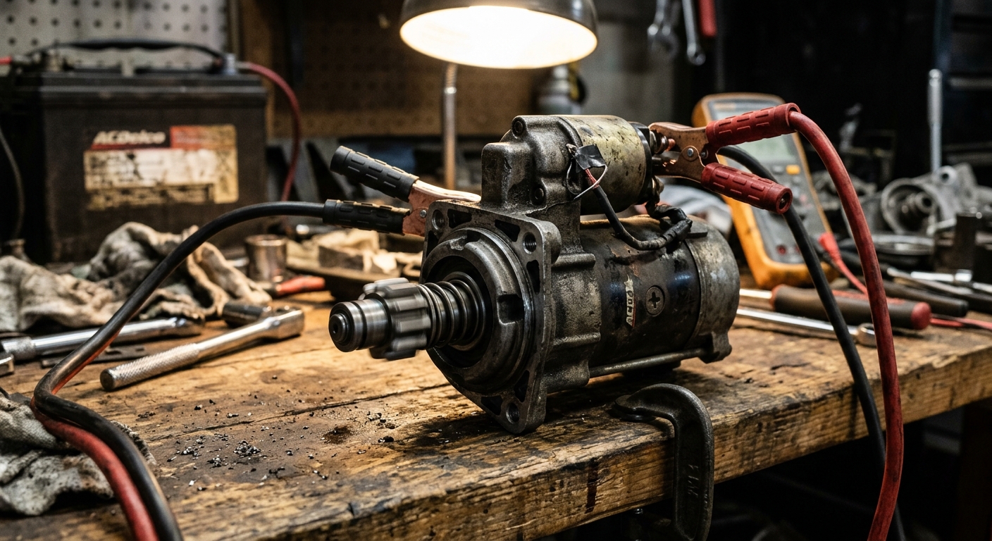 Starter motor bench test using jumper cables to check solenoid and motor function