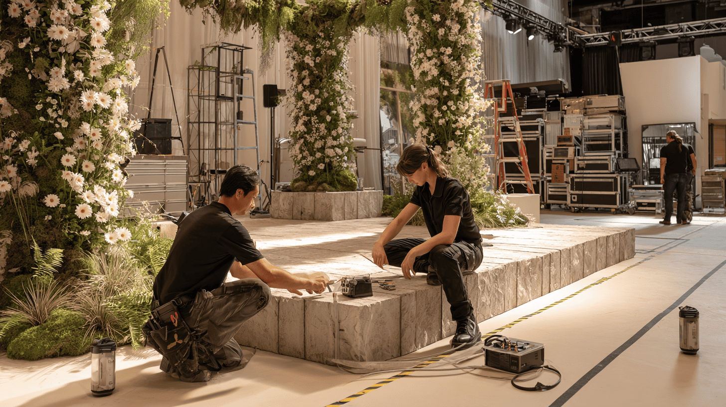 event stage and photography backdrop featuring wholesale artificial floral centerpieces with gerbera daisies