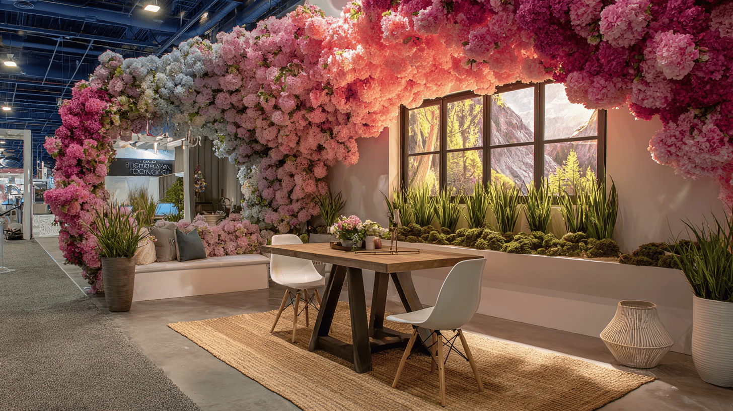 corporate trade exhibition booth decorated with bulk artificial hydrangea centerpieces for professional event décor