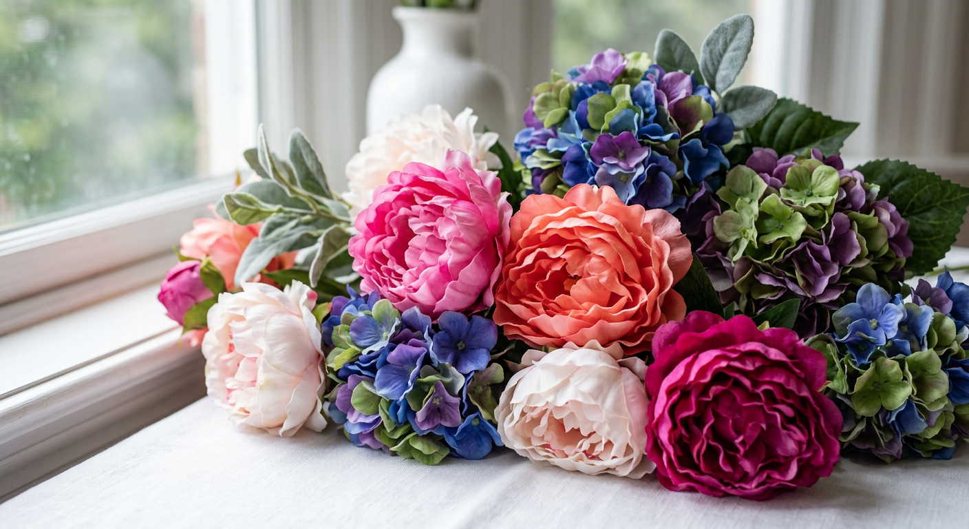 Colorful silk artificial peonies and hydrangeas showing fabric petal texture