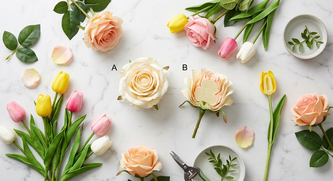 PU polyurethane Real Touch artificial roses and tulips with foam cross-section detail