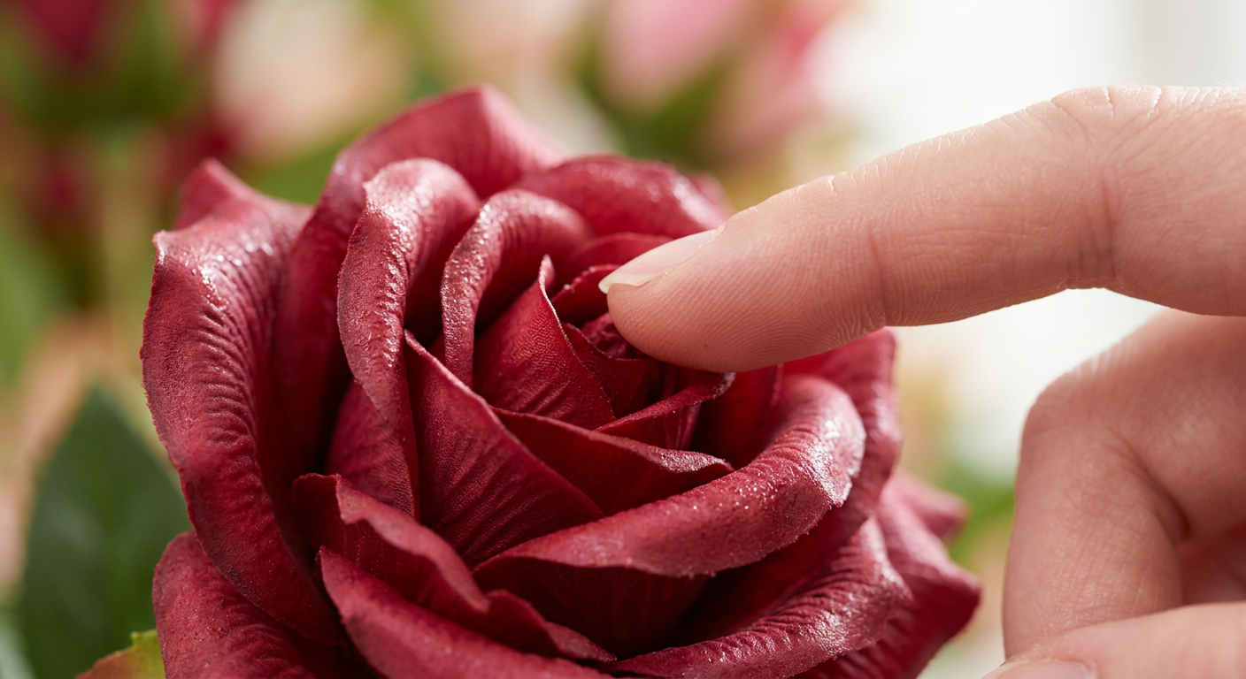 Finger touching a latex artificial rose petal showing realistic texture and sheen