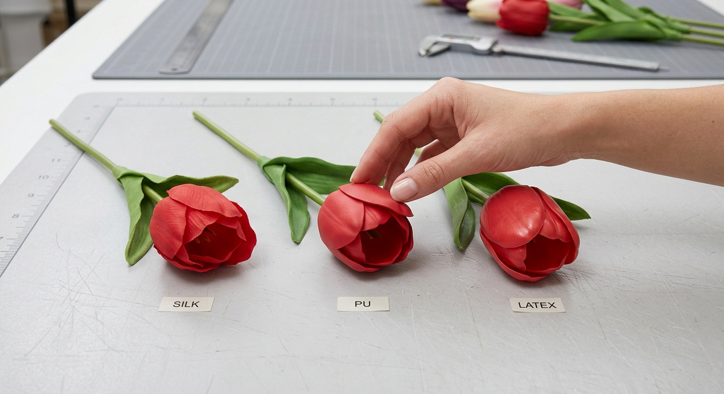 Three identical artificial tulips in silk PU and latex materials compared side by side