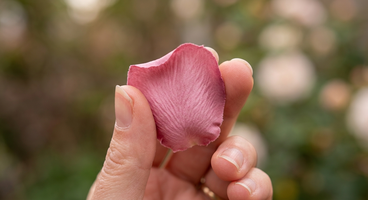 Macro view of a Real Touch petal between fingertips showing soft texture