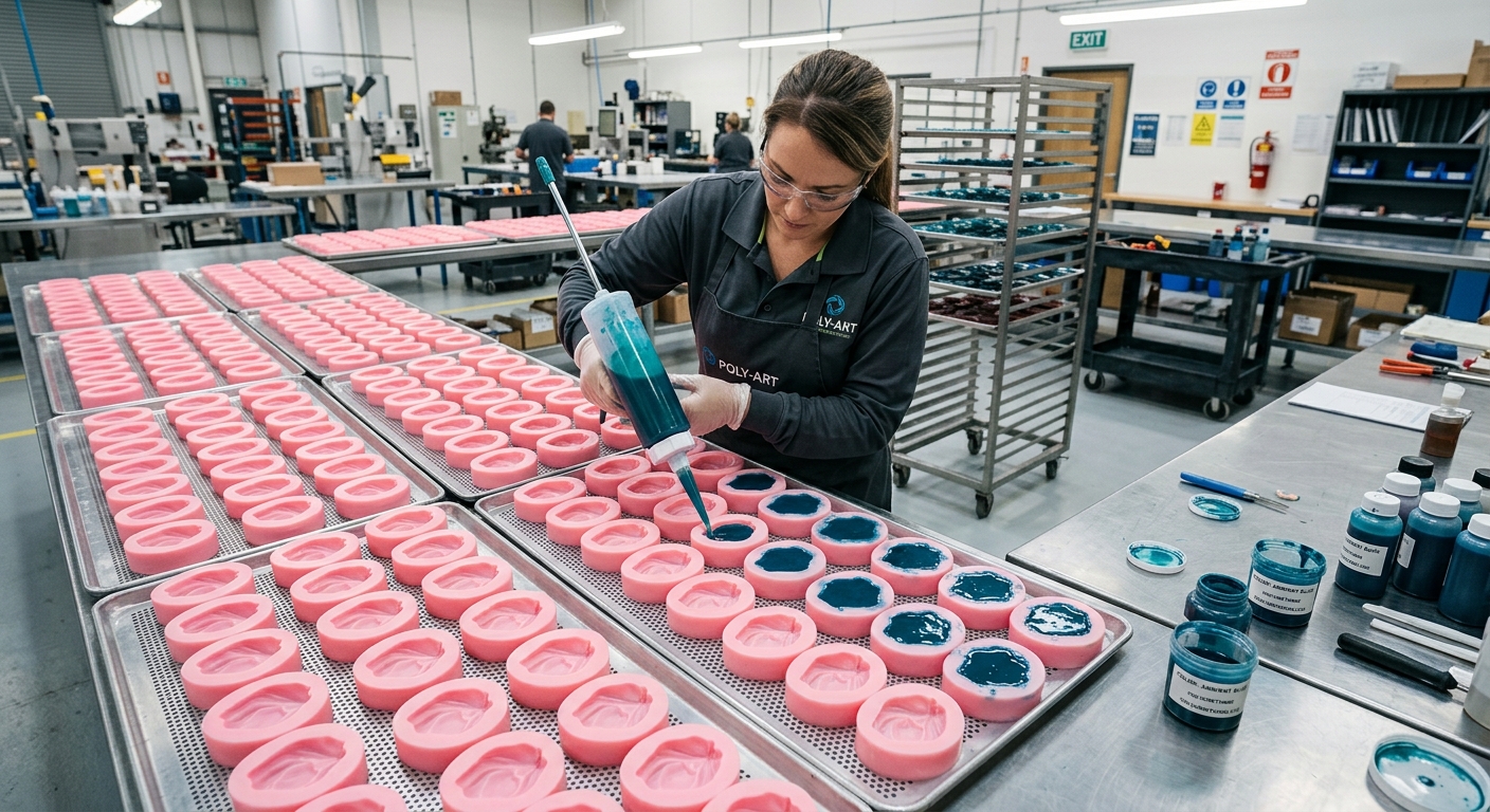 Polyurethane resin being poured into silicone petal molds in a factory