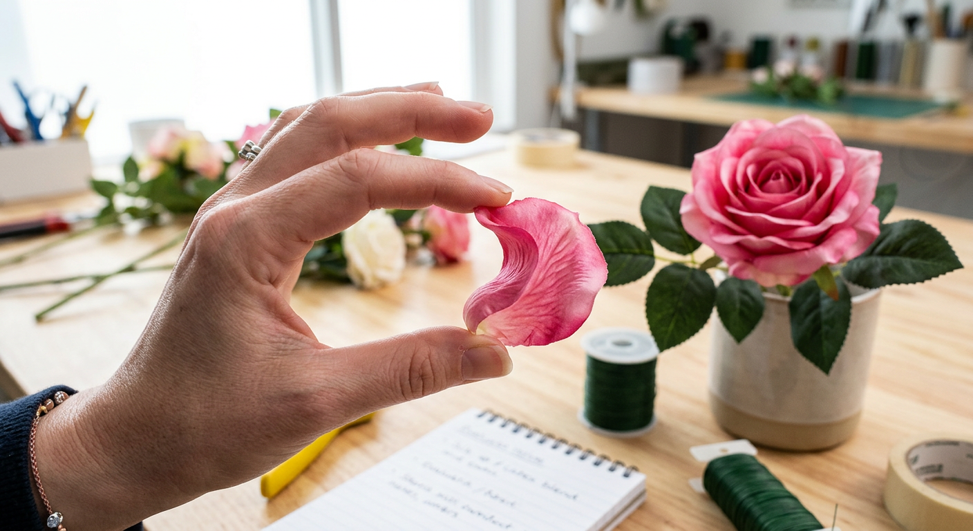 Quality test bending a Real Touch rose petal to check elasticity