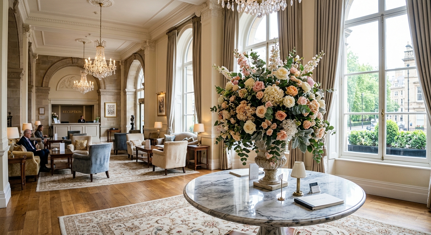 Hotel lobby with allergy-friendly artificial floral centerpiece