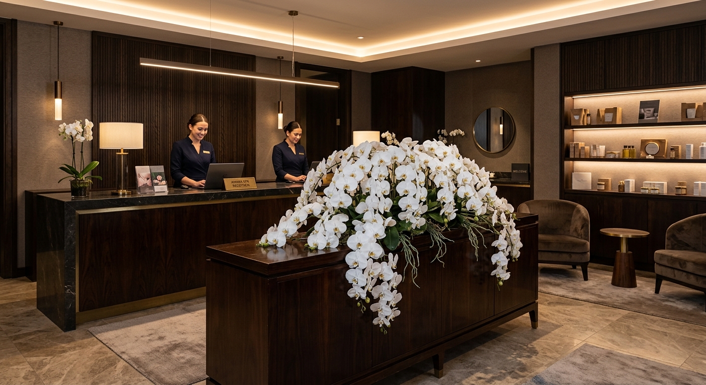 Luxury resort reception with cascading artificial orchid arrangement