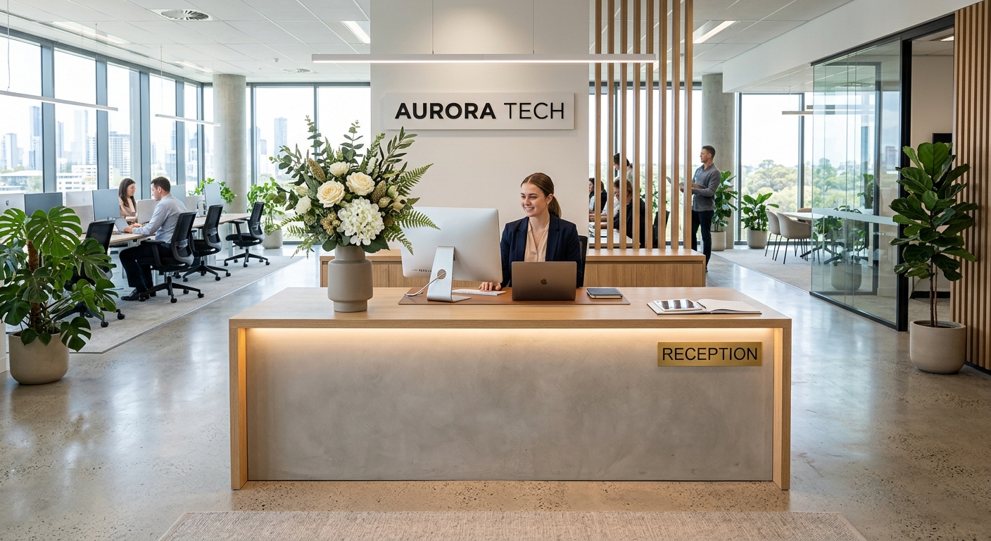 Modern office reception with allergy-safe artificial flower arrangement