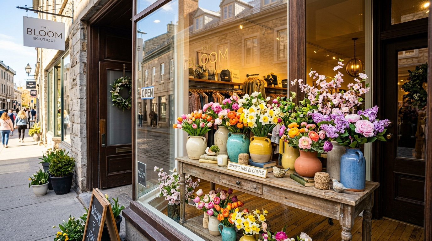 Retail boutique window display with seasonal artificial florals