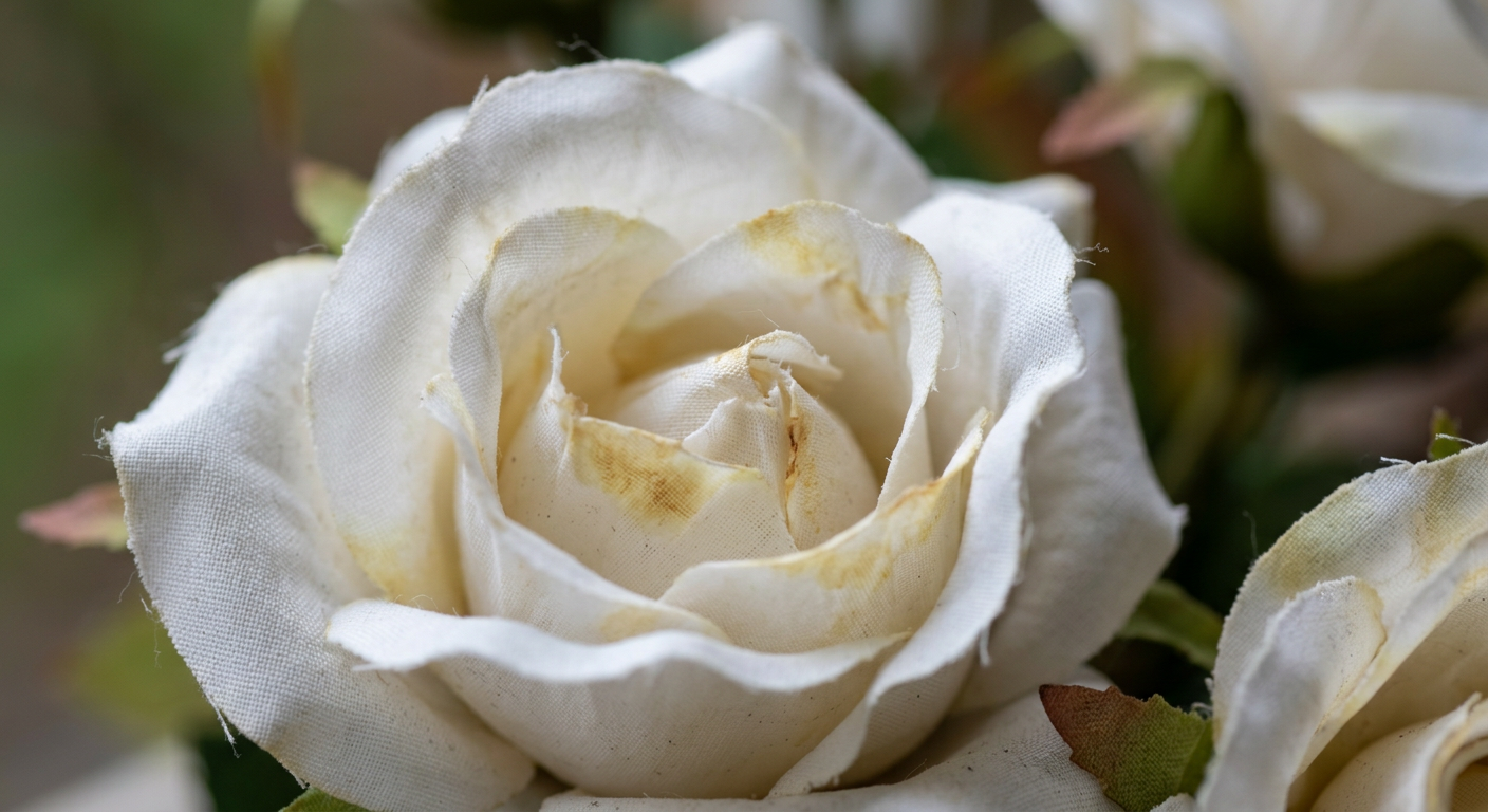 Macro close-up of artificial flower petals showing subtle yellow discoloration