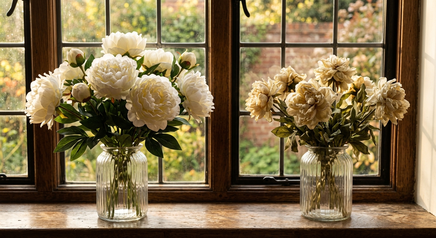 Artificial white peonies fading near a sunlit window