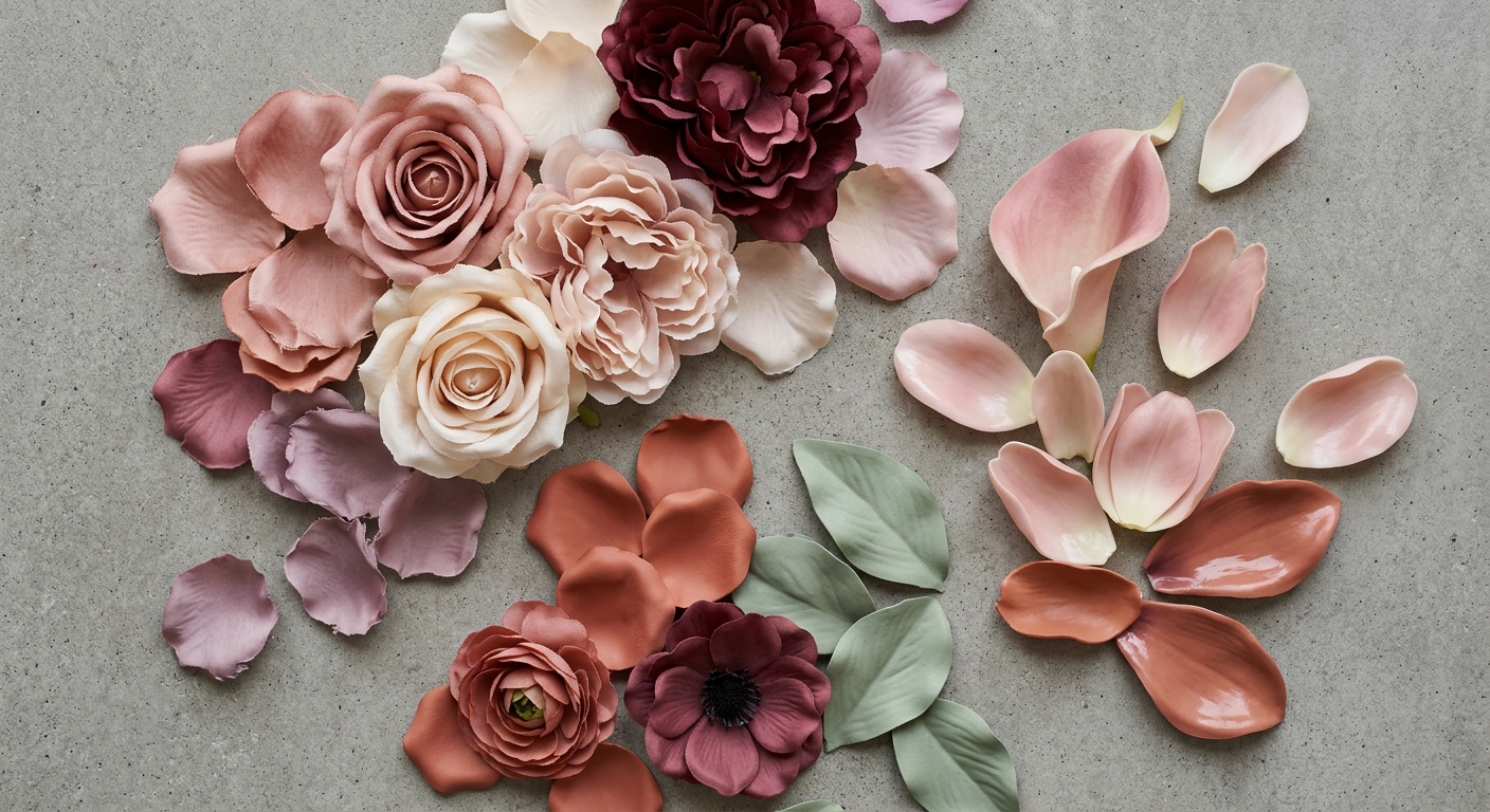 Different artificial flower petal materials including silk, PU, and latex laid out for comparison