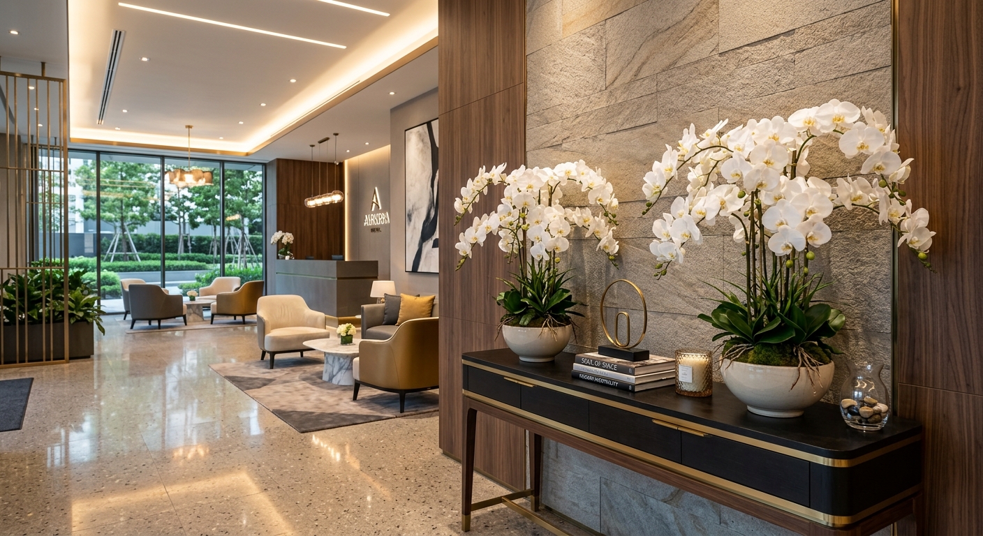 Modern hotel lobby with artificial white orchid arrangements