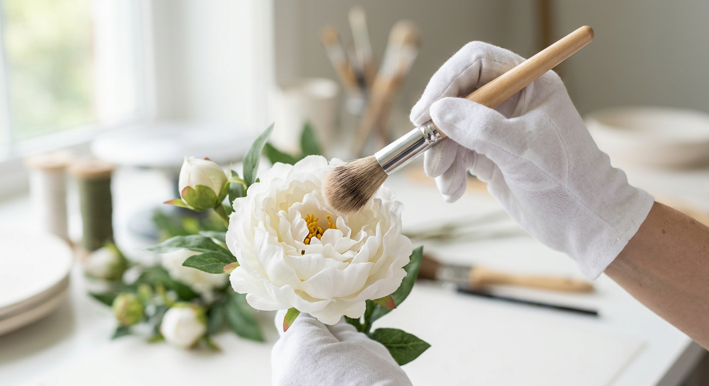 Gentle dusting of an artificial white peony with a soft brush