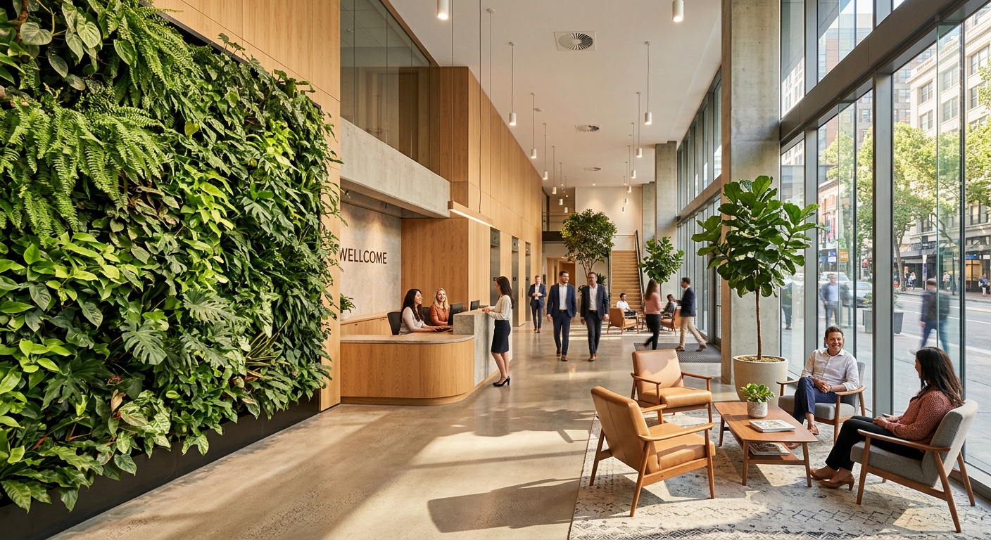 Office lobby with green plant wall and large windows illustrating biophilic design