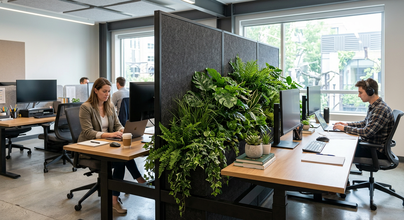 Acoustic divider panel with integrated artificial foliage between office workstations