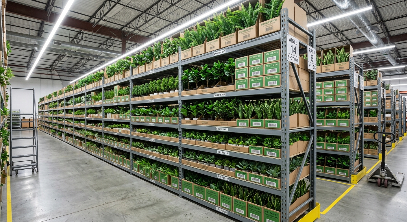 Warehouse shelving with organized artificial plant inventory for commercial projects