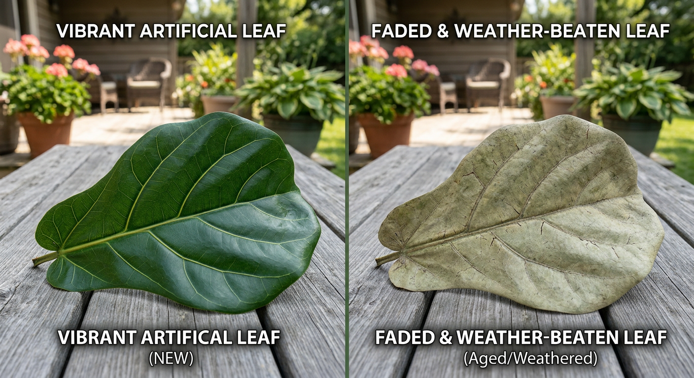 Faded versus vibrant artificial plant leaf comparison in sunlight