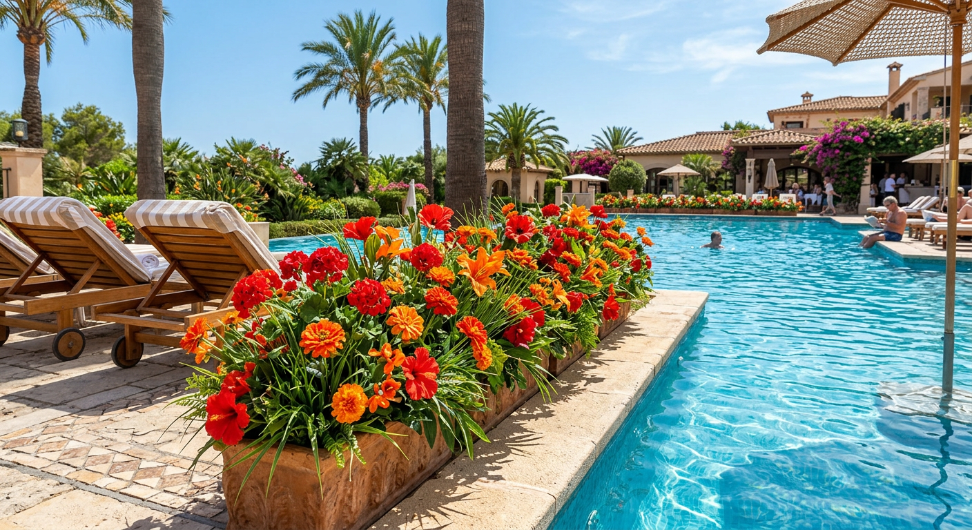 Red and orange artificial flowers in outdoor resort setting