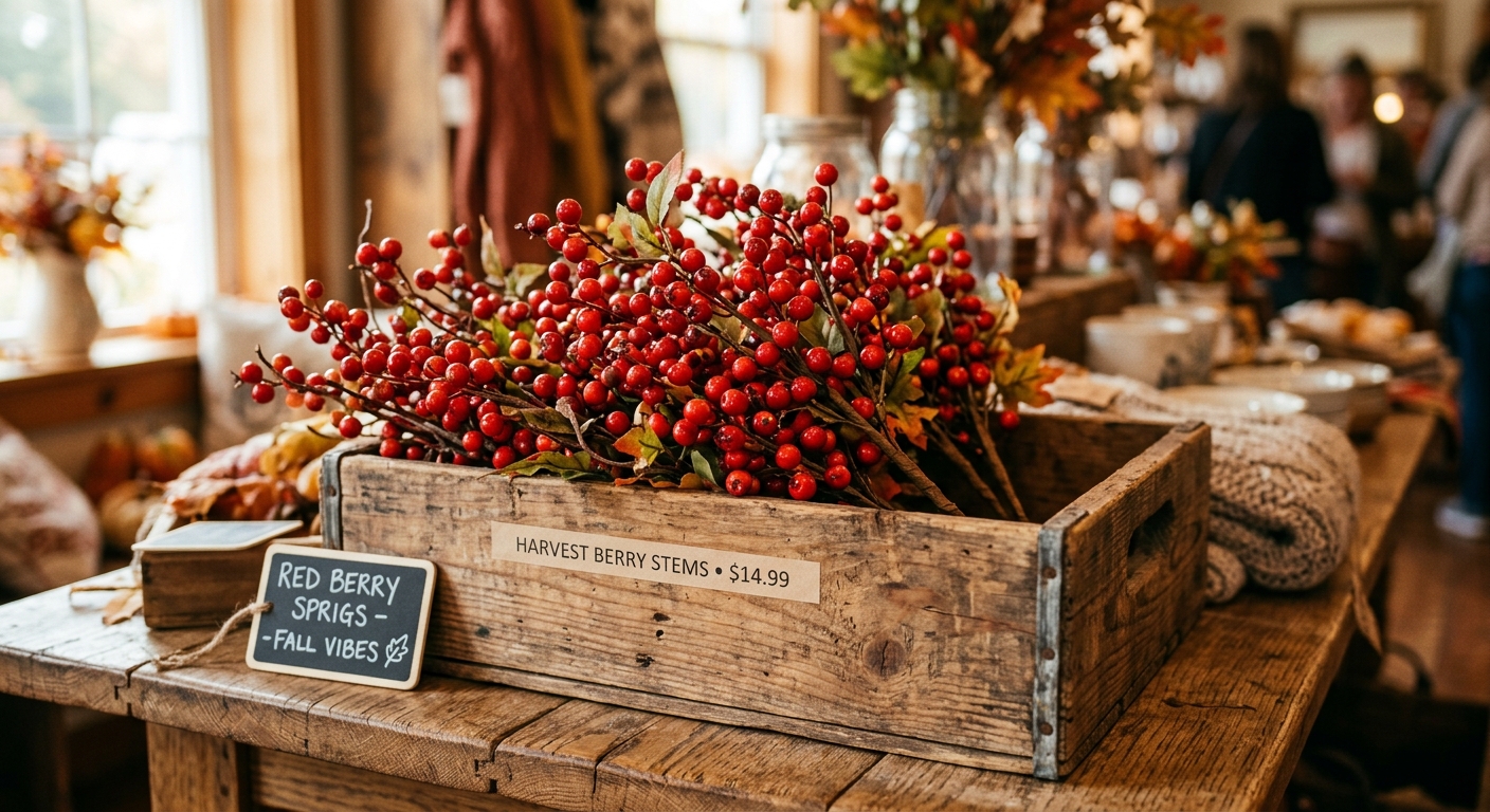 Red artificial berry stems in a wooden crate on a retail display