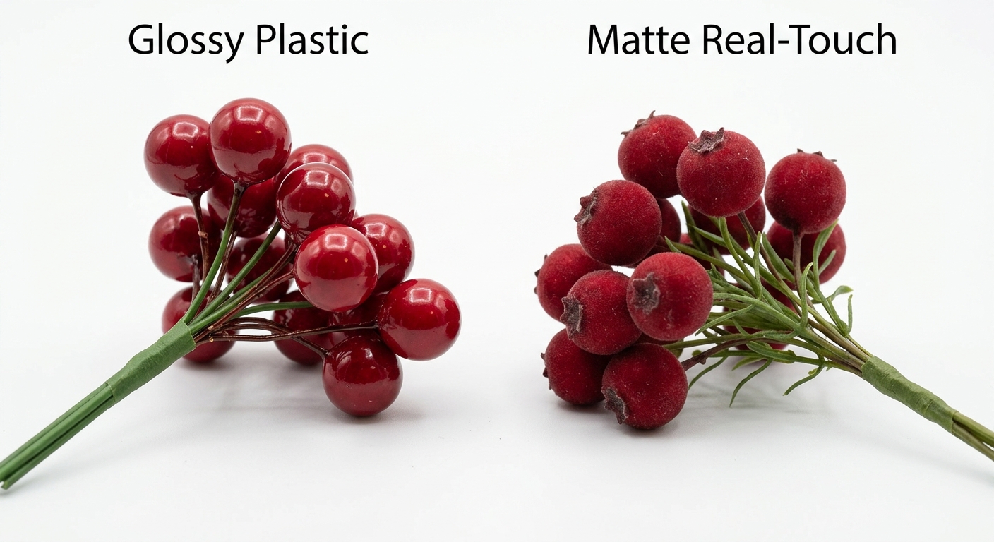 Comparison of glossy plastic berries versus matte real-touch artificial berries