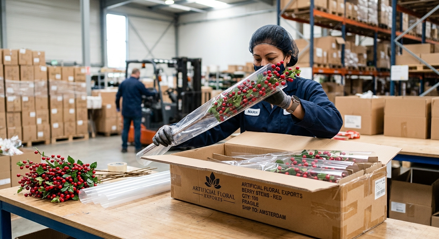 Artificial berry stems being packed into protective sleeves for export shipping