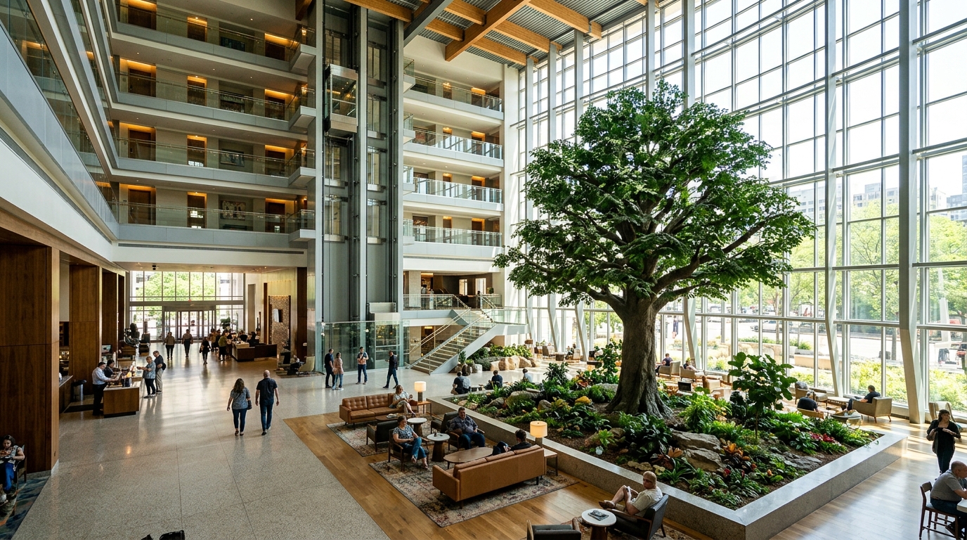 Hotel atrium with oversized artificial specimen tree viewed from across the room