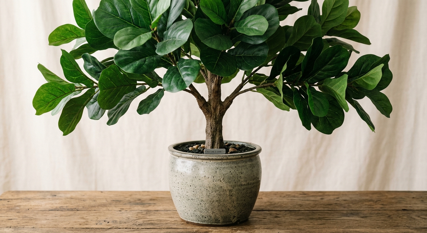 Close-up of artificial potted tree showing canopy to pot proportion