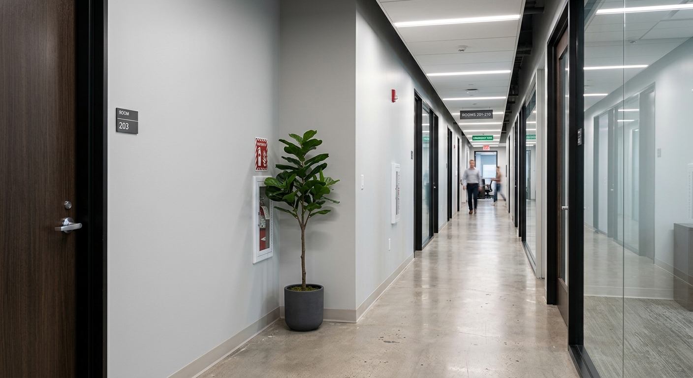Slim artificial potted plant fitted into a narrow office corridor