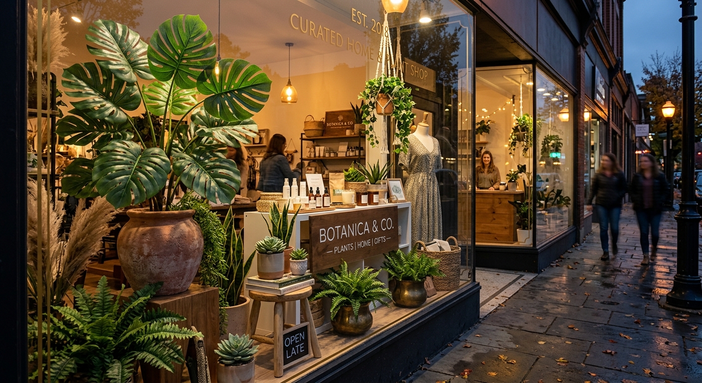 Retail storefront window display with large statement artificial plant and smaller accent greenery