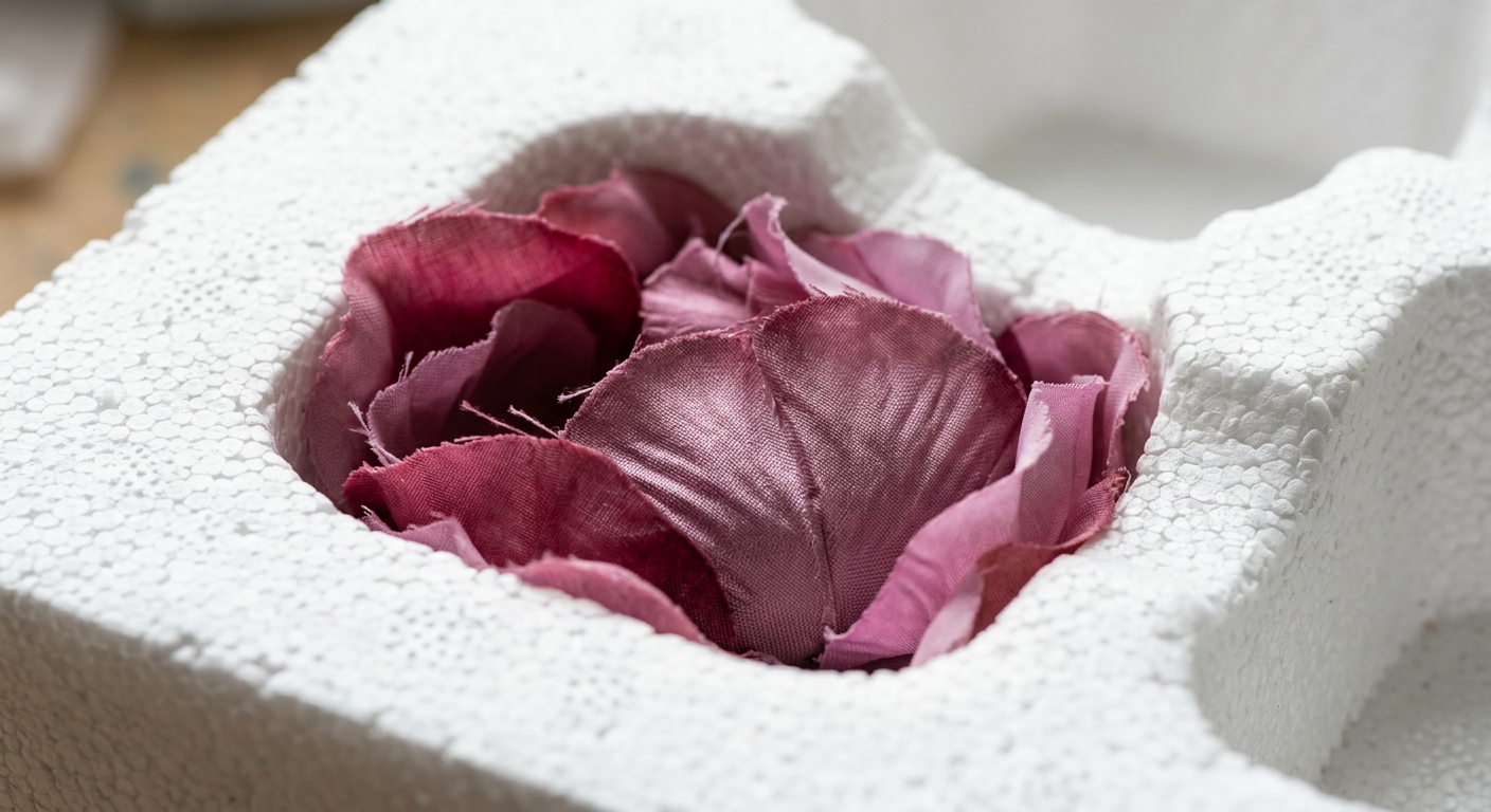 Macro view of silk artificial flower petals compressed in foam packaging insert