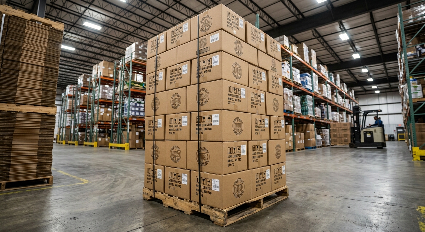 Stack of double-wall corrugated shipping cartons prepared for artificial flower export
